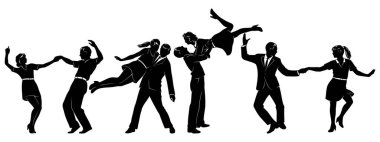 Dans Eden Çiftler silueti seti. Swing Dansçıları. Beyaz üzerine izole vektör klipleri.