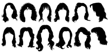 Kadın Saç Siluetleri. Uzun Saç Tarzı. Beyaz üzerine izole vektör klipleri.