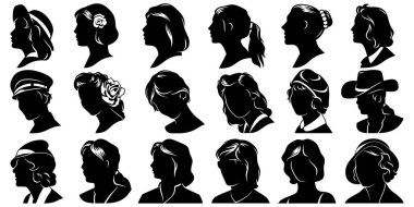 Görseller için Kadın Başları Siluetleri, Üye Profilleri. Beyaz üzerine izole vektör klipleri.