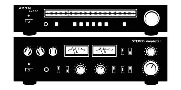 Radyo Akortçu ve Stereo Yükseltici Siluetleri ayarlandı. Klasik analog ses donanımı. Beyaz üzerine izole vektör klipleri.
