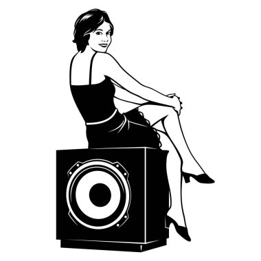 Özel bir kadın hoparlörde oturuyor. Vektör ortamı beyazda izole edildi.