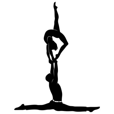 Jimnastik Çifti. Erkek ve kadın akrobatik hareketler yapıyorlar. Vektör ortamı beyazda izole edildi.