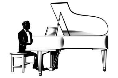 Beyaz bir piyanoda çalan bir adamın silueti. Vektör ortamı beyazda izole edildi.
