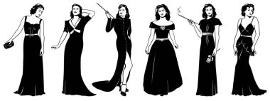 Klasik Uzun Elbiseli Kadınlar. Siyah ve beyaz vektör kümeleri beyaz üzerine izole edilmiş..