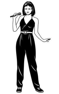 Tulumlu Genç Şarkıcı Kız. Siyah ve beyaz vektör iklimi beyaz üzerinde izole.