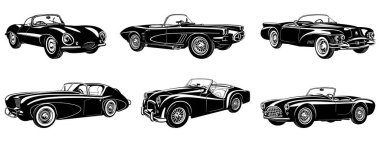 Klasik Speed Cars, Cabriolets Siluetleri. Beyaz üzerine izole vektör klipleri.