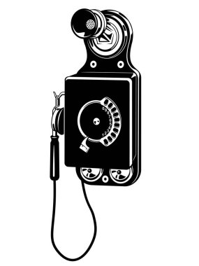 Vintage Wall Phone. Siyah ve beyaz vektörler beyaz üzerine izole edilir.