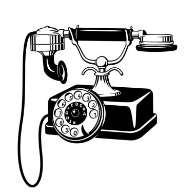 Antika telefon. Siyah ve beyaz vektörler beyaz üzerine izole edilir.