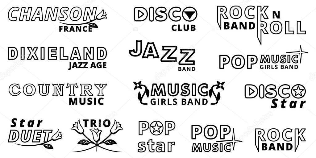 Music Logos and Lettering Set. Emblems, stickers, icons for Jazz, Rock, Pop, Disco. All objects are shapes, not fonts.