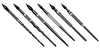 Farklı uçlu antika dolma kalemler. Beyaz üzerine izole vektör klipleri.