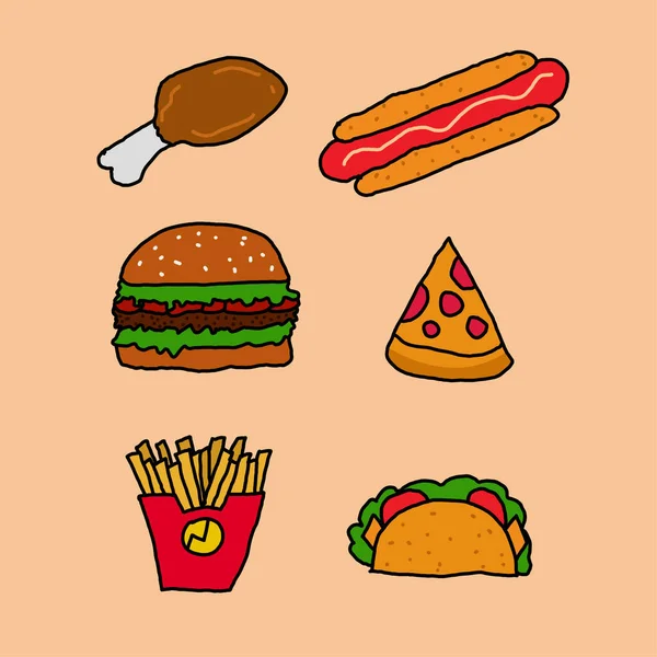 Hand Drawn Vector Design Fast Food Clipart Set — Stock Vector