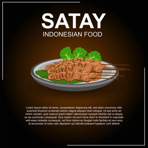 Indonezyjskie Satay Food Indonezyjski Satay Płaski Styl Projektowania Azjatyckie Jedzenie — Wektor stockowy