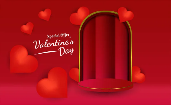 リアルなシリンダースタンドや表彰台がハート型の背景に設定された抽象的な赤い3D部屋 製品表示プレゼンテーションのためのバレンタインデーの最小シーン — ストックベクタ