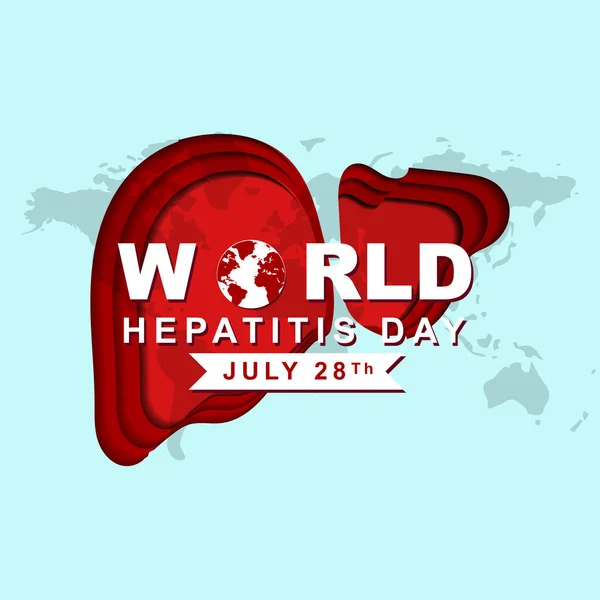 28 Temmuz 'da dünya Hepatit Günü, tebrik kartı pankartı tasarımı kağıt kesim stili kalp dekorasyonu ve dünya haritası ile