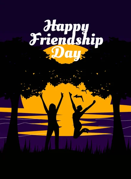 International Friendship Day 30Th July Sunset Silhouette Style Poster Greeting — Stock Vector