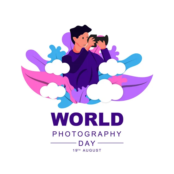 Mutlu Dünya Fotoğrafçılık Günü Ağustos Renkli Yapraklı Düz Stil Tebrik — Stok Vektör