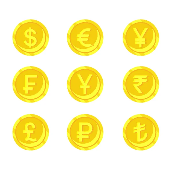 stock vector World currency symbols icons of coins Dollar, yen, rupee, euro, pound, franc, lira, yuan, ruble. vector illustration design