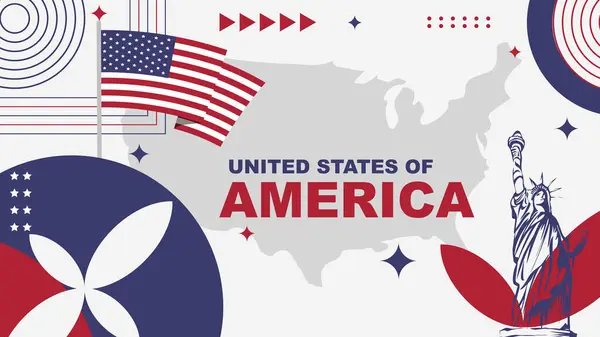 Amerika Birleşik Devletleri Ulusal Tatil ya da Amerikan Bağımsızlık Günü, Özgürlük Heykeli, harita ve Amerikan bayrağının modern retro tarzında tasarlandığı Arkaplan Tasarımı