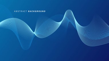 Koyu mavi arka planda soyut parlayan dalga çizgileri. Dinamik dalga deseni. Modern dalgalı hatlar. Gelecekçi teknoloji konsepti. Pankart, poster, kapak, broşür, web sitesi