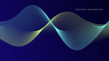 Koyu mavi arka planda soyut parlak dalga çizgileri. Dinamik dalga deseni. Modern dalgalı hatlar. Gelecekçi teknoloji konsepti. Pankart, poster, kapak, broşür, broşür, web sitesi