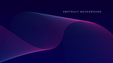 Koyu mavi arka planda soyut parlak dalga çizgileri. Dinamik dalga deseni. Modern dalgalı hatlar. Gelecekçi teknoloji konsepti. Pankart, poster, kapak, broşür, broşür, web sitesi