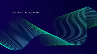 Koyu mavi arka planda soyut parlak dalga çizgileri. Dinamik dalga deseni. Modern dalgalı hatlar. Gelecekçi teknoloji konsepti. Pankart, poster, kapak, broşür, broşür, web sitesi