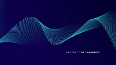 Koyu mavi arka planda soyut parlayan dalga çizgileri. Dinamik dalga deseni. Modern dalgalı hatlar. Gelecekçi teknoloji konsepti. 