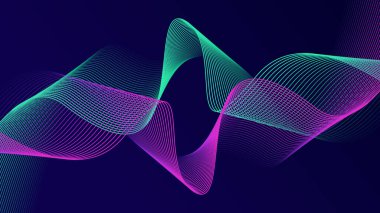 Koyu mavi arka planda soyut parlak dalga çizgileri. Dinamik dalga deseni. Modern dalgalı hatlar. Gelecekçi teknoloji konsepti. Pankart, poster, kapak, broşür, broşür, web sitesi