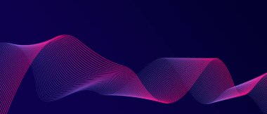 Koyu mavi arka planda soyut parlak dalga çizgileri. Dinamik dalga deseni. Modern dalgalı hatlar. Gelecekçi teknoloji konsepti. Pankart, poster, kapak, broşür, broşür, web sitesi