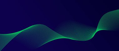 Koyu mavi arka planda soyut parlak dalga çizgileri. Dinamik dalga deseni. Modern dalgalı hatlar. Gelecekçi teknoloji konsepti. Pankart, poster, kapak, broşür, broşür, web sitesi