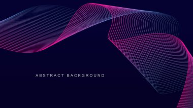 Koyu mavi arka planda soyut parlayan dalga çizgileri. Dinamik dalga deseni. Modern dalgalı hatlar. Gelecekçi teknoloji konsepti