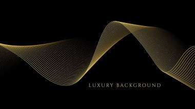 Soyut dalga çizgileri siyah arkaplanda parlak altın rengi. Parlak altın çizgili dalgaların gelecekteki akışı. Afişler, posterler, kapaklar, broşürler, broşürler, web siteleri için elverişli