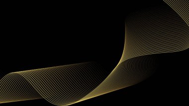 Soyut dalga çizgileri siyah zemin üzerinde parlak altın rengi parlayan altın çizgilerin gelecekteki akışı