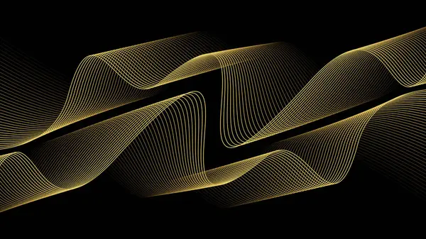 Soyut dalga çizgileri siyah zemin üzerinde parlak altın rengi parlayan altın çizgilerin gelecekteki akışı