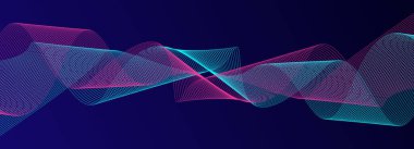 Koyu mavi arka planda soyut parlak dalga çizgileri. Dinamik dalga deseni. Modern dalgalı hatlar. Gelecekçi teknoloji konsepti. Pankart, poster, kapak, broşür, broşür, web sitesi