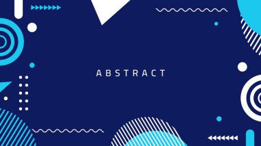 Geometrik şekilli soyut mavi arkaplan. Beyaz ve mavi renkli geometrik elementlerle düz arkaplan tasarımı. Vektör illüstrasyonu