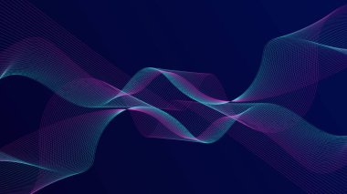 Koyu mavi soyut arka plan ve parlak dalgalar. Parlak hareketli çizgiler tasarım elemanı. Gelecekçi teknoloji konsepti. Vektör illüstrasyonu