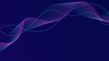 Koyu mavi arkaplan üzerindeki soyut parlayan dalga çizgileri gelecekçi teknoloji kavramı.