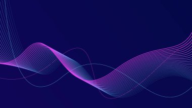 Koyu mavi arkaplan üzerindeki soyut parlayan dalga çizgileri gelecekçi teknoloji kavramı.