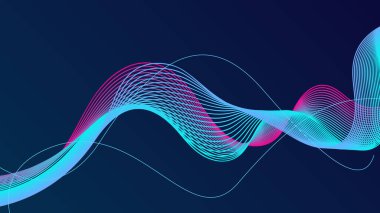 Koyu mavi arkaplan üzerindeki soyut parlayan dalga çizgileri gelecekçi teknoloji kavramı.