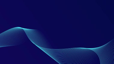 Koyu mavi arkaplan üzerindeki soyut parlayan dalga çizgileri gelecekçi teknoloji kavramı.