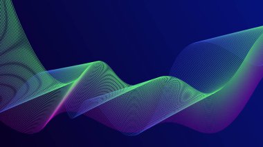 Koyu mavi arka planda soyut parlayan dalga çizgileri. Dinamik dalga deseni. Modern dalgalı hatlar. Gelecekçi teknoloji konsepti. Afişler, posterler, kapaklar, broşürler, broşürler, web siteleri için elverişli
