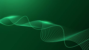 Koyu yeşil arka planda soyut parlak dalga çizgileri. Dinamik dalga deseni. Gelecekçi teknoloji konsepti.