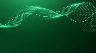 Koyu yeşil arka planda soyut parlak dalga çizgileri. Dinamik dalga deseni. Gelecekçi teknoloji konsepti.