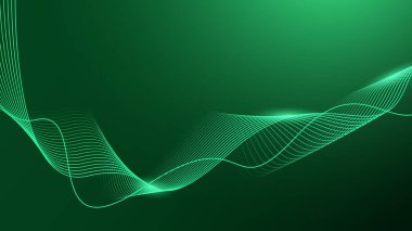 Koyu yeşil arka planda soyut parlak dalga çizgileri. Dinamik dalga deseni. Gelecekçi teknoloji konsepti.