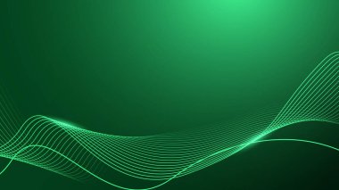 Koyu yeşil arka planda soyut parlak dalga çizgileri. Dinamik dalga deseni. Gelecekçi teknoloji konsepti.