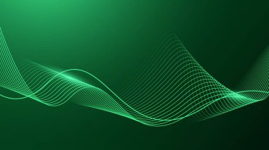 Koyu yeşil arka planda soyut parlak dalga çizgileri. Dinamik dalga deseni. Gelecekçi teknoloji konsepti.
