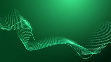 Koyu yeşil arka planda soyut parlak dalga çizgileri. Dinamik dalga deseni. Gelecekçi teknoloji konsepti.