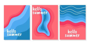 Soyut yazlık poster şablonu. Yaratıcı el yapımı tasarım. Mavi deniz dalgalı minimalist poster, pembe plaj, pembe deniz kumu