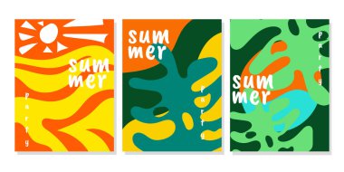 Soyut yazlık poster şablonu. Yaratıcı el yapımı tasarım. Tropikal yaprak süslemeli minimalist poster.